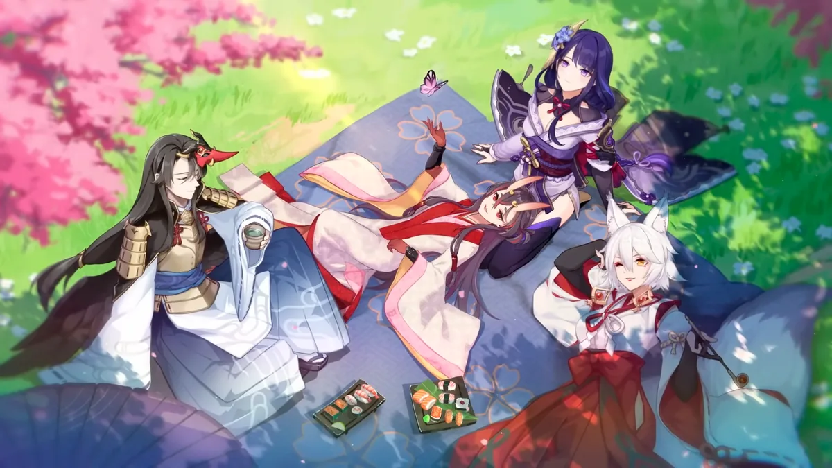 Tengu Sasayuri (trái), Oni Mikoshi Chiyo (giữa), Kitsune Saiguu (phải) và Raiden Ei.